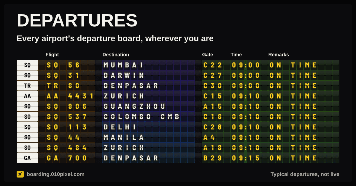 A black split-flap departure board titled Departures, listing flights in white and yellow letters.