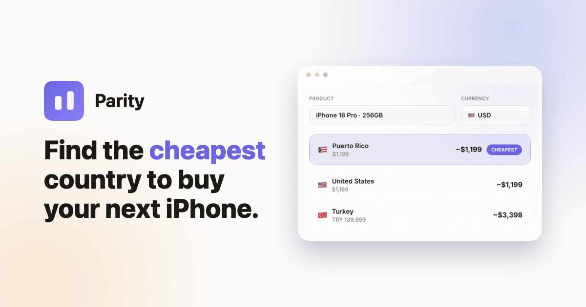 Parity showing iPhone 18 Pro prices across Puerto Rico, the United States and Turkey, converted to USD, with the cheapest option highlighted.