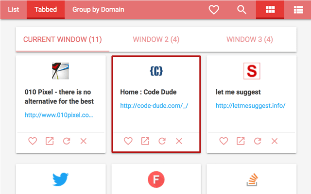 Tabbie's tab manager showing open tabs grouped in a tiled view across multiple windows, with search, favourite and refresh actions on each tab.